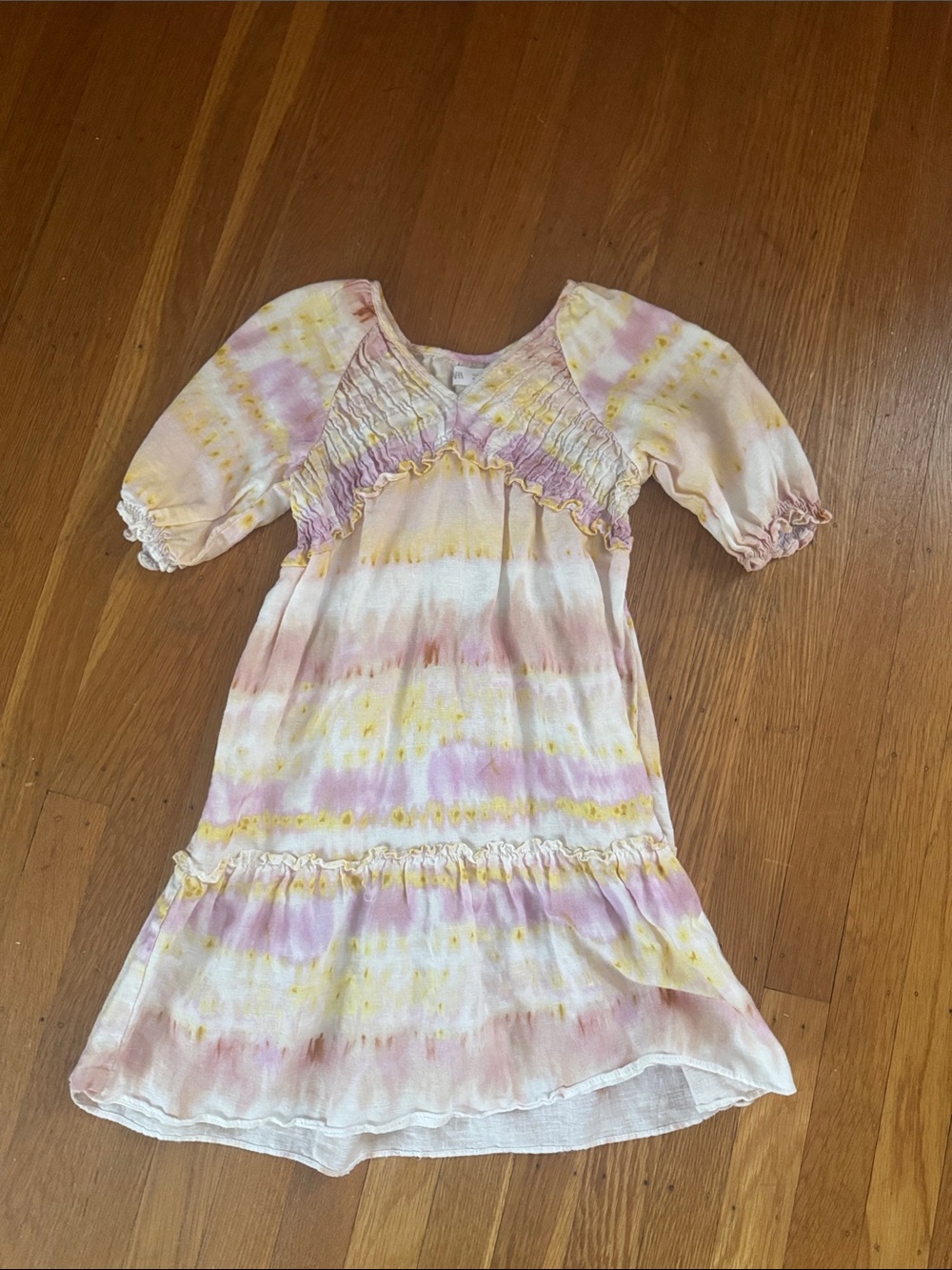 Zara Girls’ Linen Blend Tie-Dye Dress - Pink, Yellow & White